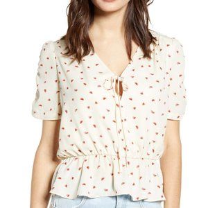 Socialite Watermelon Cinch Sleeve Tie Front Top